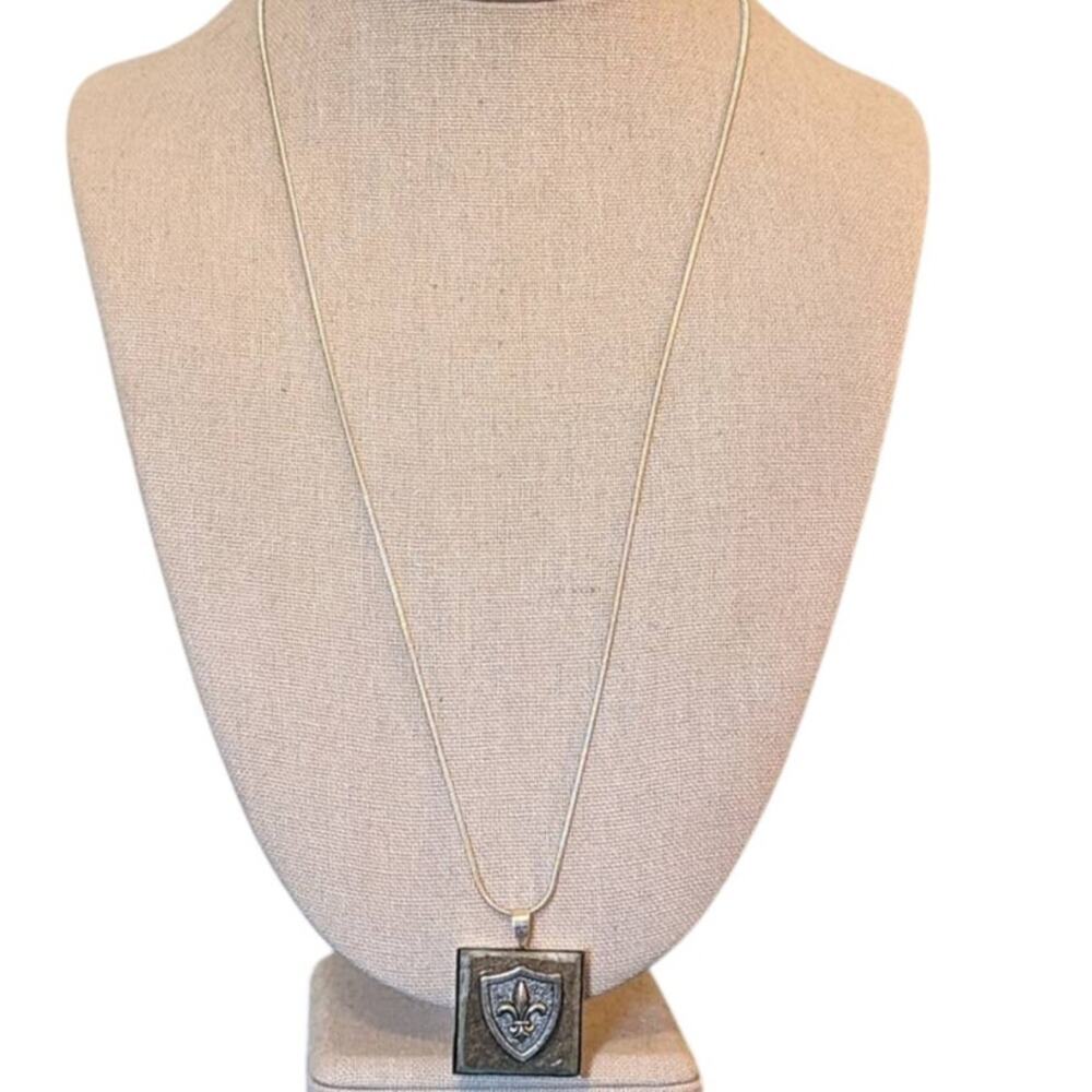 Fleur De Lis Shield On Stone Pendant on 18K Gold Plated 23" Silver Snake Chain
